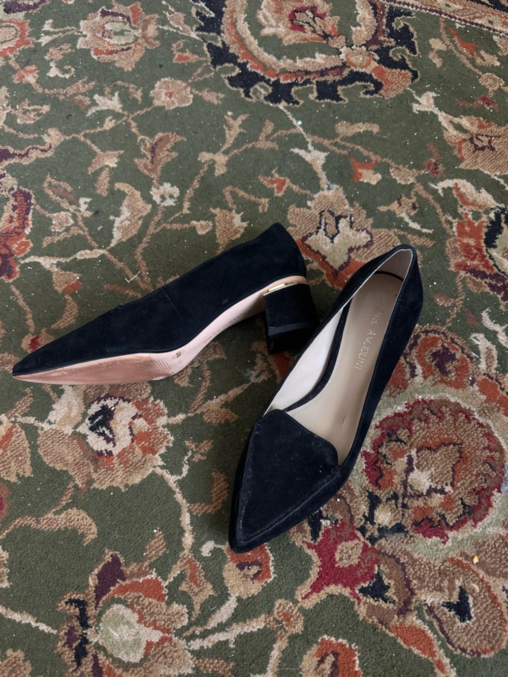 Black Suede Pointed Toe Block Heel Pumps - Picture 1 of 8
